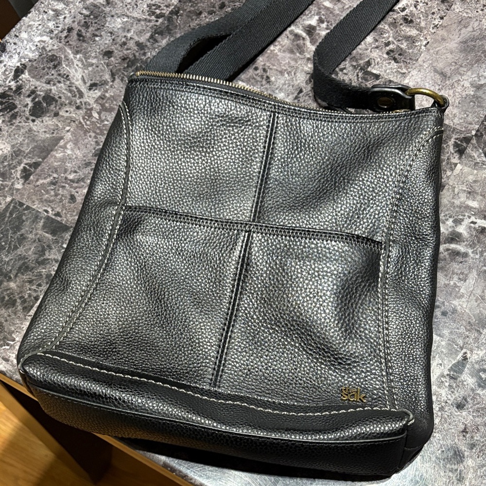 The Sak Black Pebbled Leather Messenger Crossbody